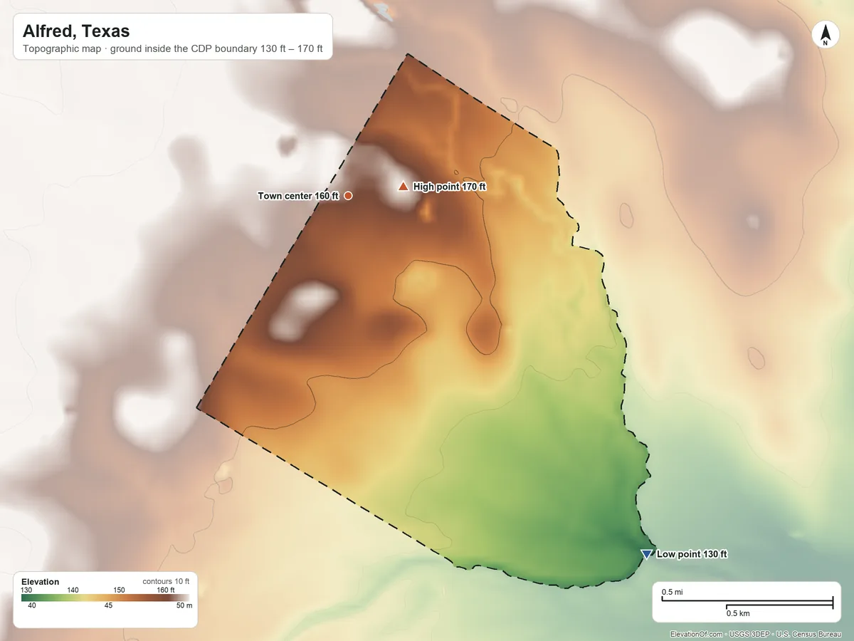 Topographic elevation map of Alfred, Texas, shaded from 130 ft on the southeast side to 170 ft near the middle