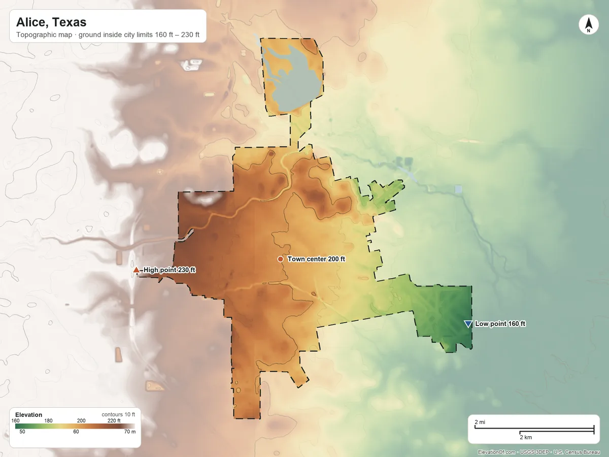 Topographic elevation map of Alice, Texas, shaded from 160 ft on the east side to 230 ft on the west side