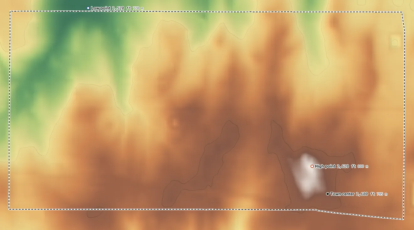 Topographic elevation map of Allison, Texas, shaded from 2,520 ft on the northwest side to 2,620 ft near the middle