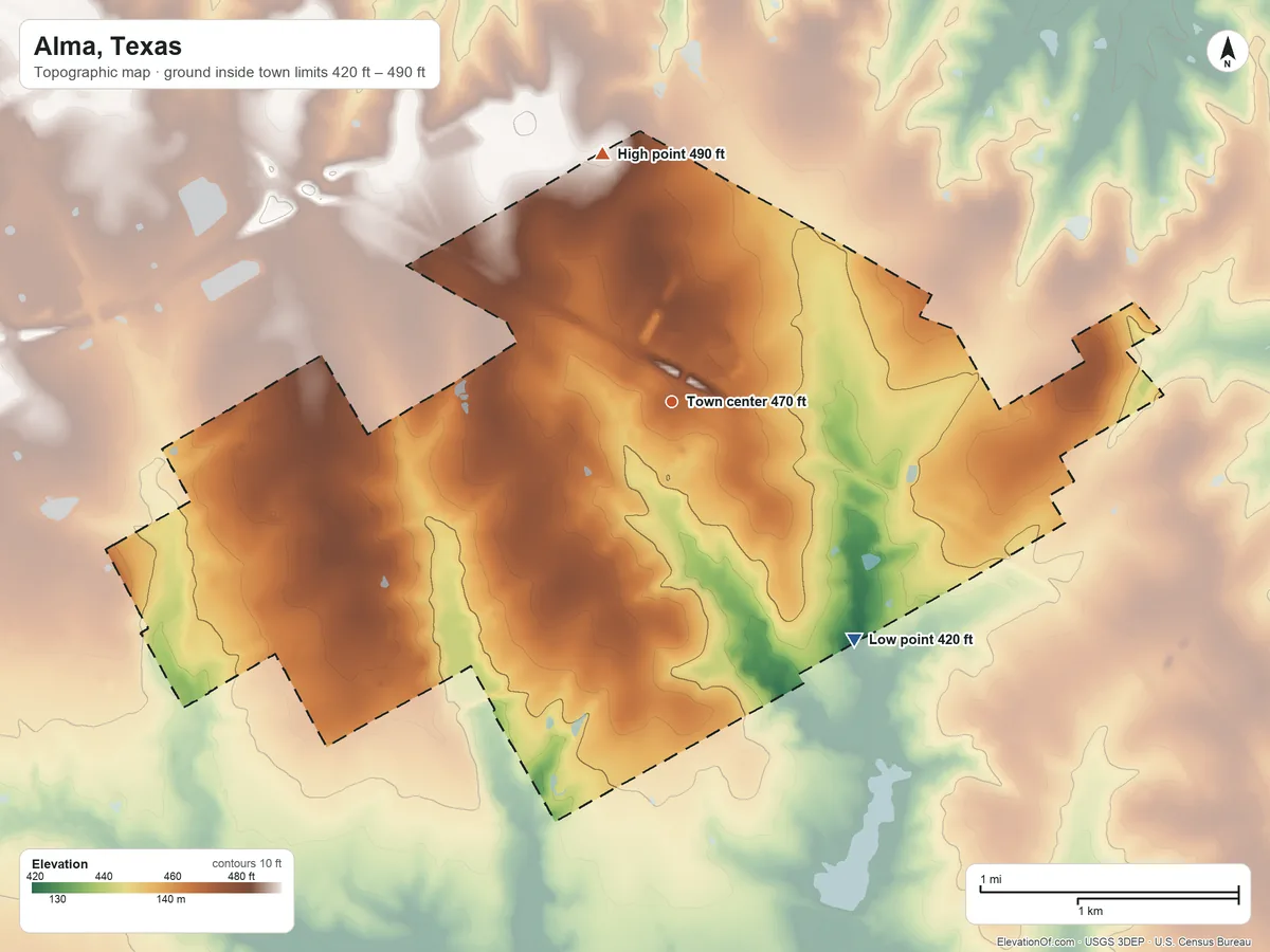 Topographic elevation map of Alma, Texas, shaded from 420 ft on the southeast side to 490 ft on the north side