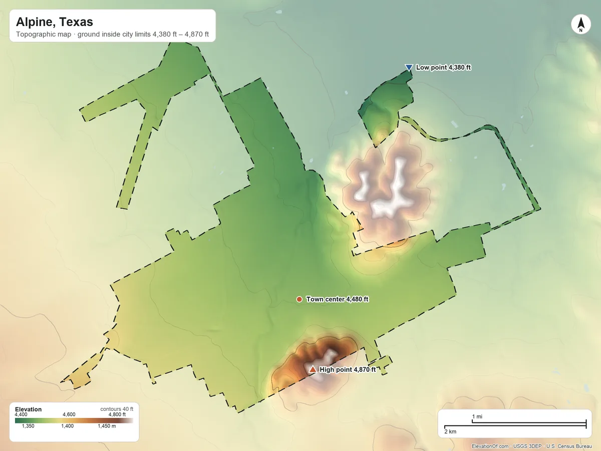 Topographic elevation map of Alpine, Texas, shaded from 4,380 ft on the northeast side to 4,870 ft on Alpine Hill
