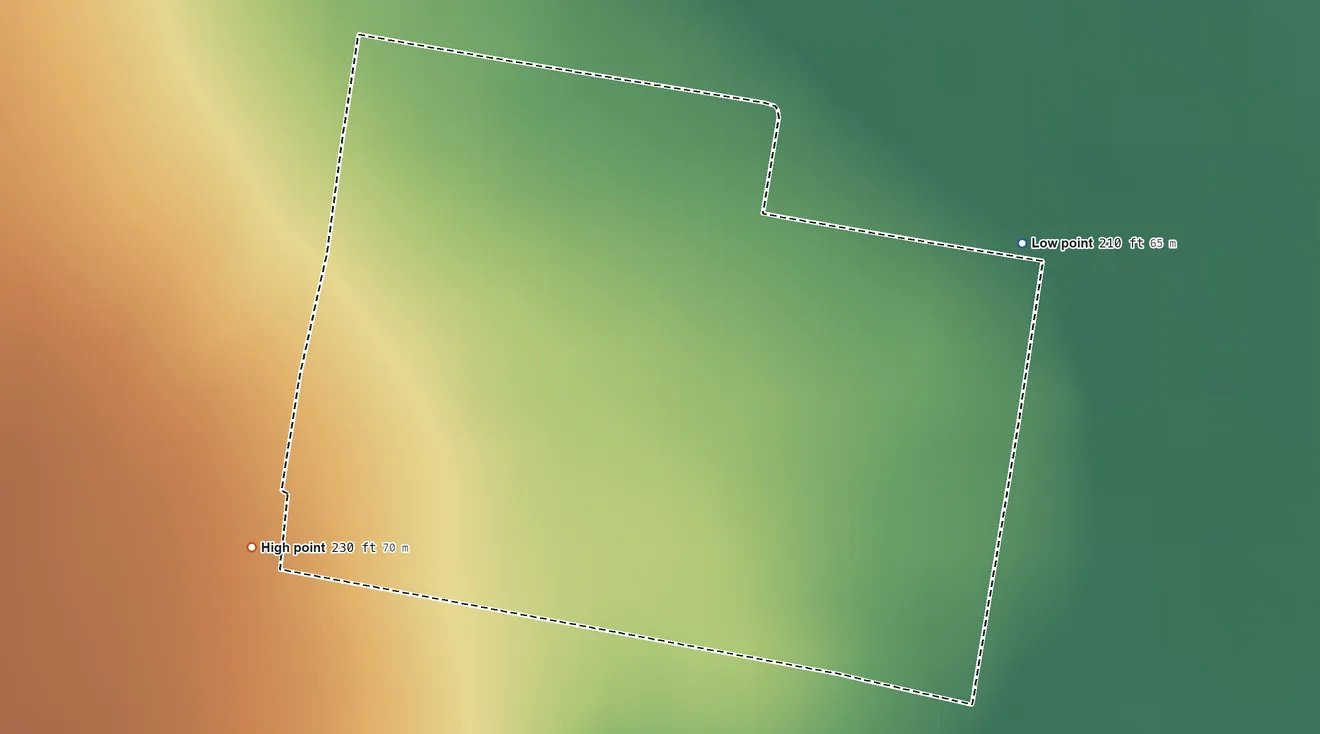 Topographic elevation map of Alto Bonito Heights, Texas, shaded from 210 ft on the east side to 230 ft on the west side