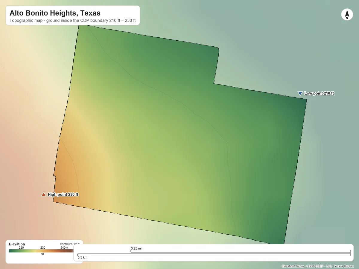 Topographic elevation map of Alto Bonito Heights, Texas, shaded from 210 ft on the east side to 230 ft on the west side