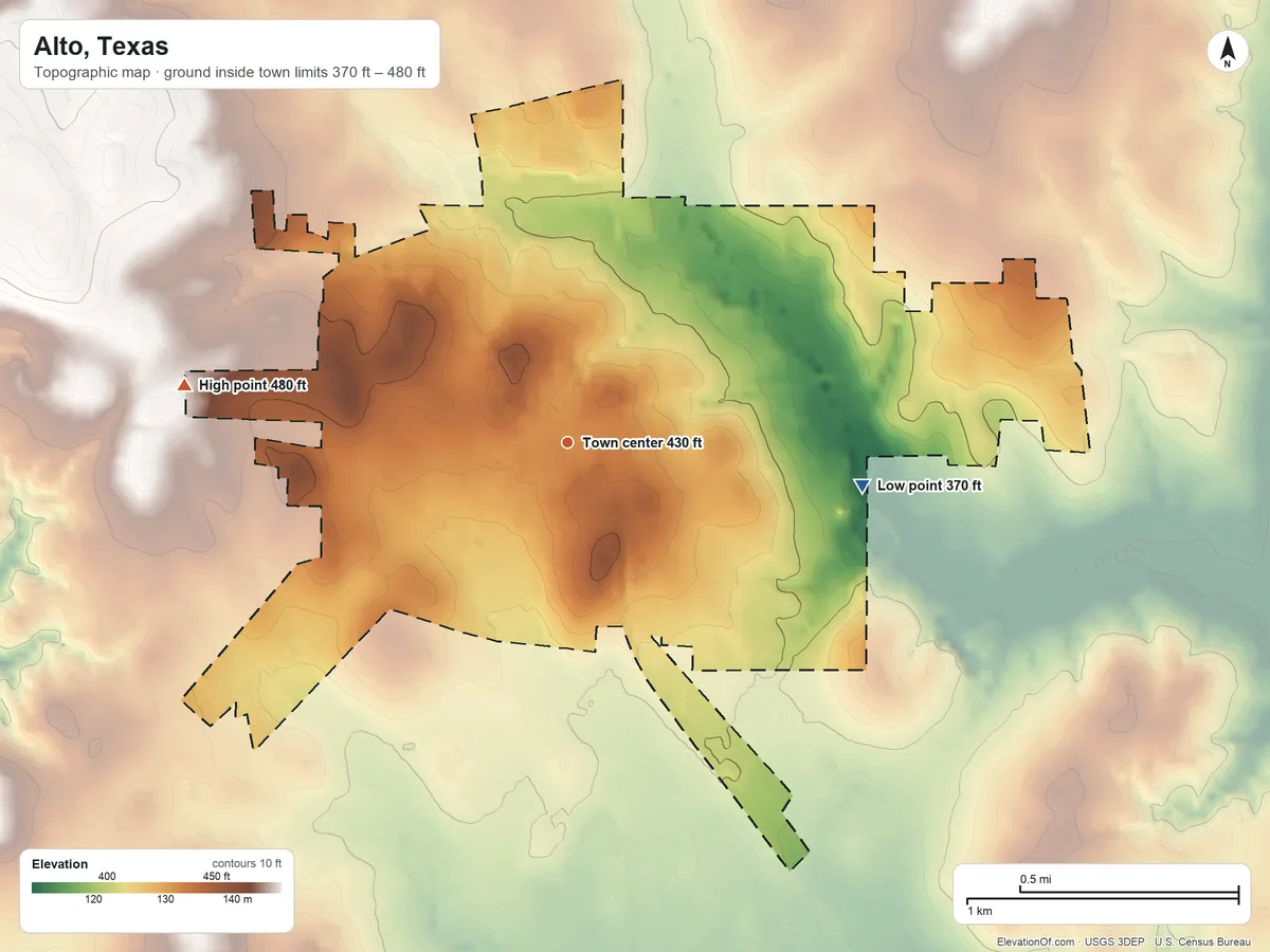 Topographic elevation map of Alto, Texas, shaded from 370 ft on the east side to 480 ft on the west side