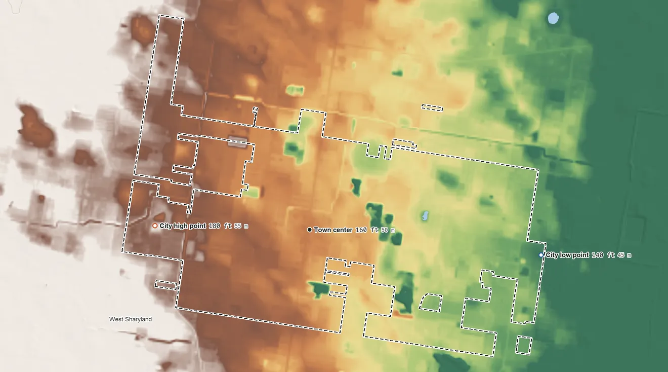Topographic elevation map of Alton, Texas, shaded from 140 ft on the east side to 180 ft on the west side
