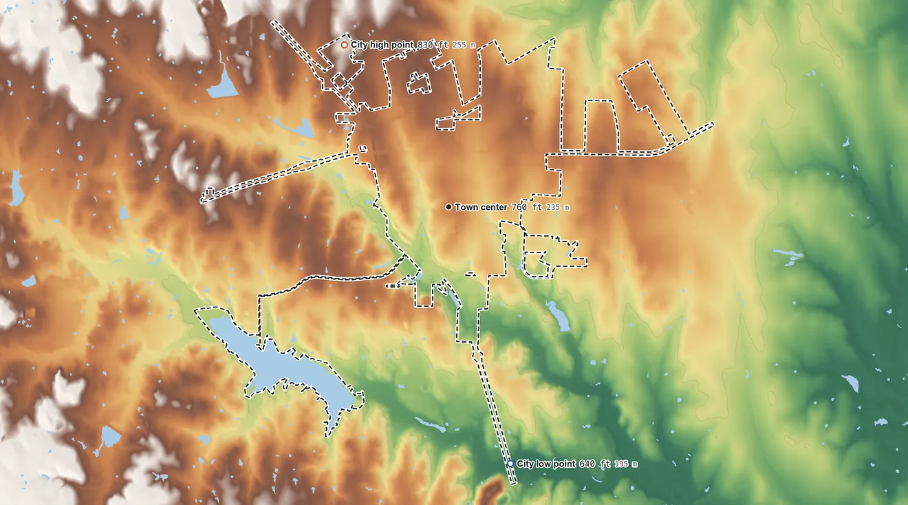 Topographic elevation map of Alvarado, Texas, shaded from 640 ft on the south side to 830 ft on the northwest side