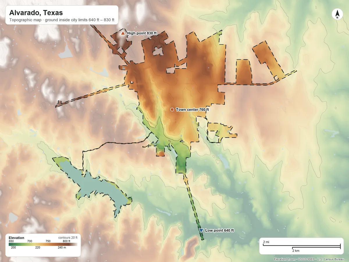 Topographic elevation map of Alvarado, Texas, shaded from 640 ft on the south side to 830 ft on the northwest side