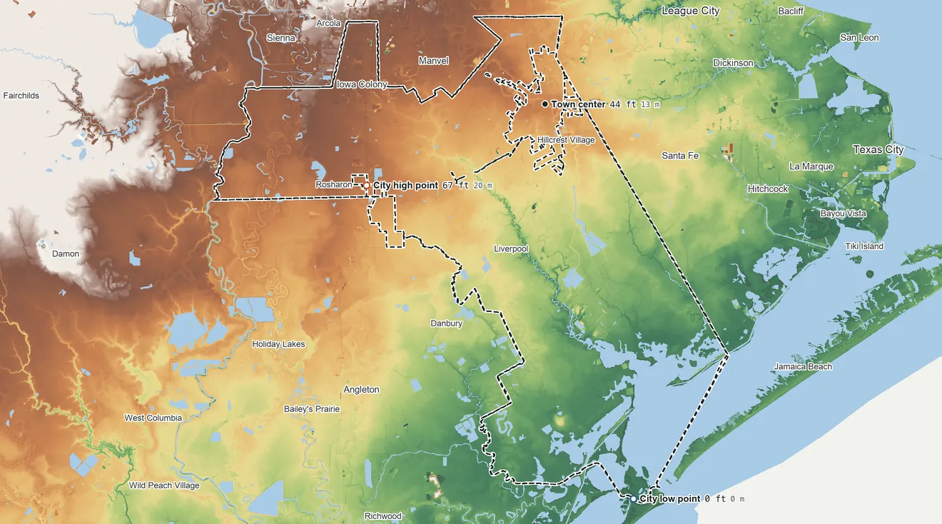Topographic elevation map of Alvin, Texas, shaded from sea level level on the Churchill Bayou to 67 ft on the southwest side