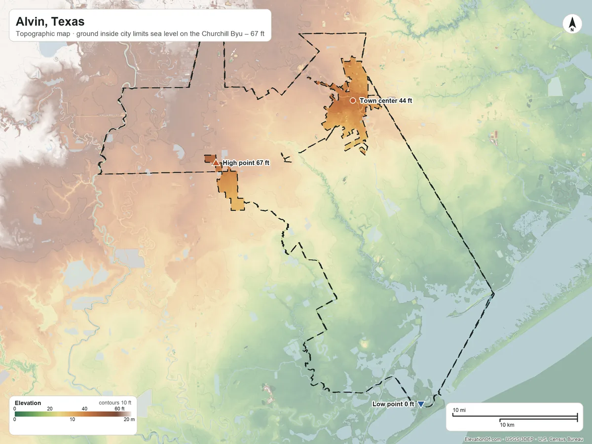 Topographic elevation map of Alvin, Texas, shaded from sea level level on the Churchill Bayou to 67 ft on the southwest side