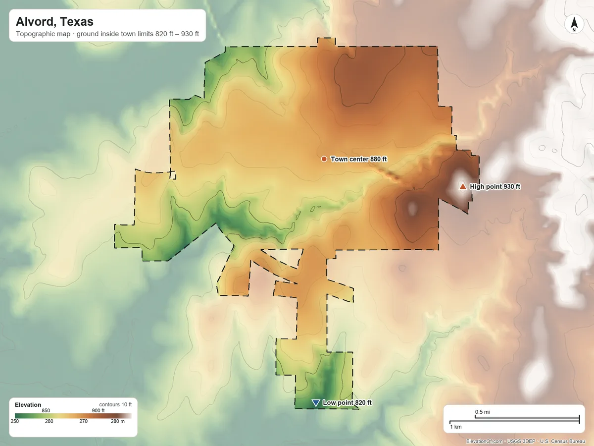 Topographic elevation map of Alvord, Texas, shaded from 820 ft on the south side to 930 ft on the east side