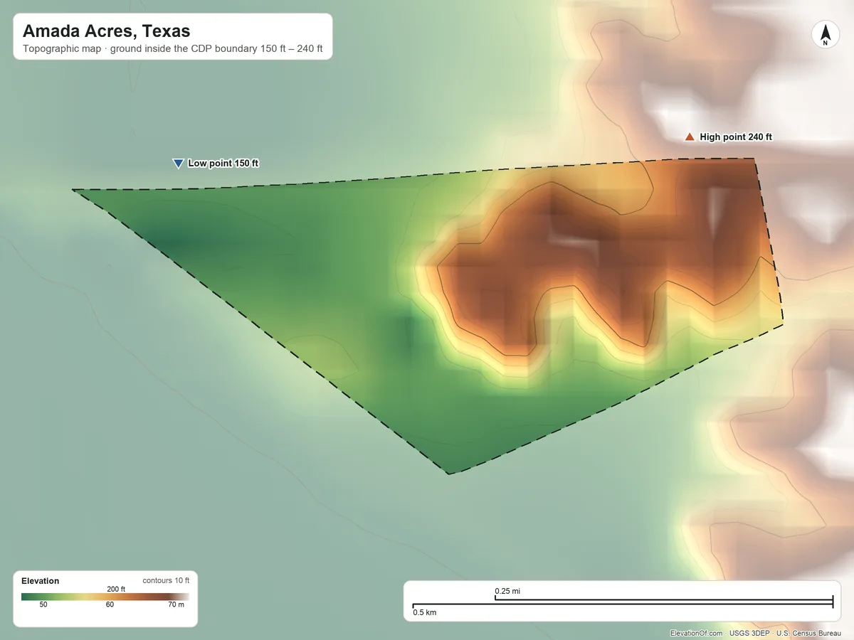 Topographic elevation map of Amada Acres, Texas, shaded from 150 ft on the west side to 240 ft on the northeast side