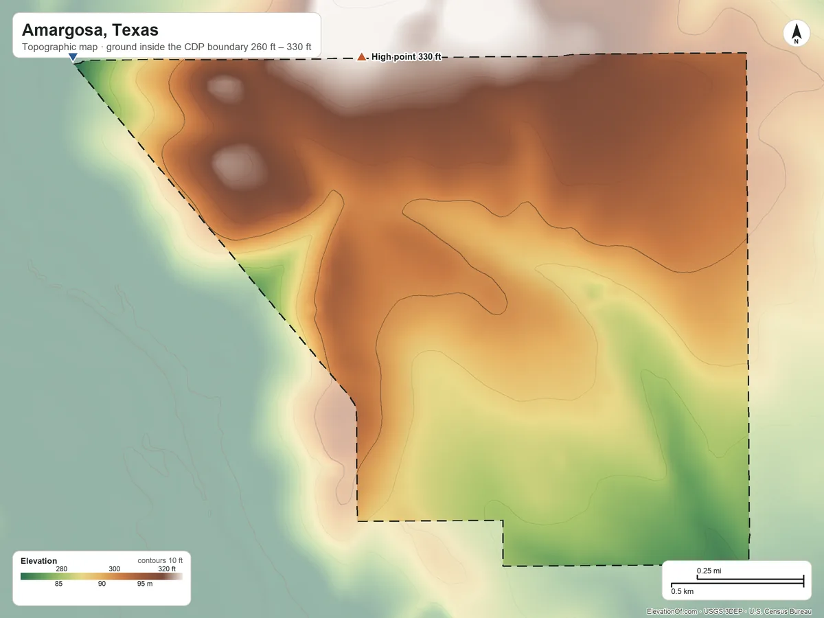 Topographic elevation map of Amargosa, Texas, shaded from 260 ft on the northwest side to 330 ft on the northwest side