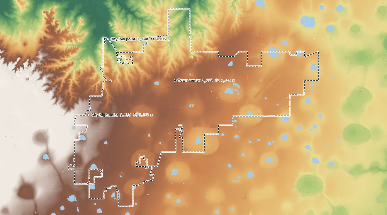 Topographic elevation map of Amarillo, Texas, shaded from 3,400 ft on the northwest side to 3,750 ft on the west side
