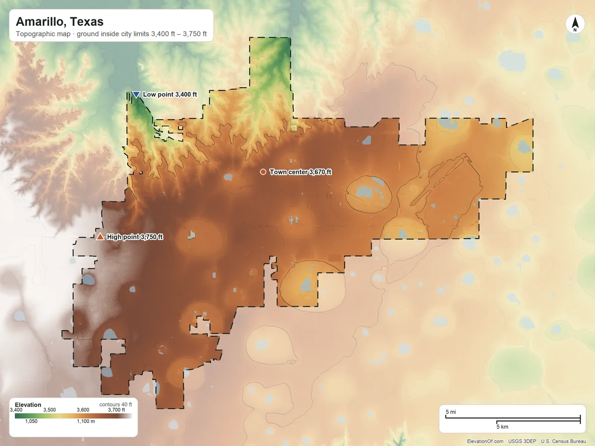 Topographic elevation map of Amarillo, Texas, shaded from 3,400 ft on the northwest side to 3,750 ft on the west side