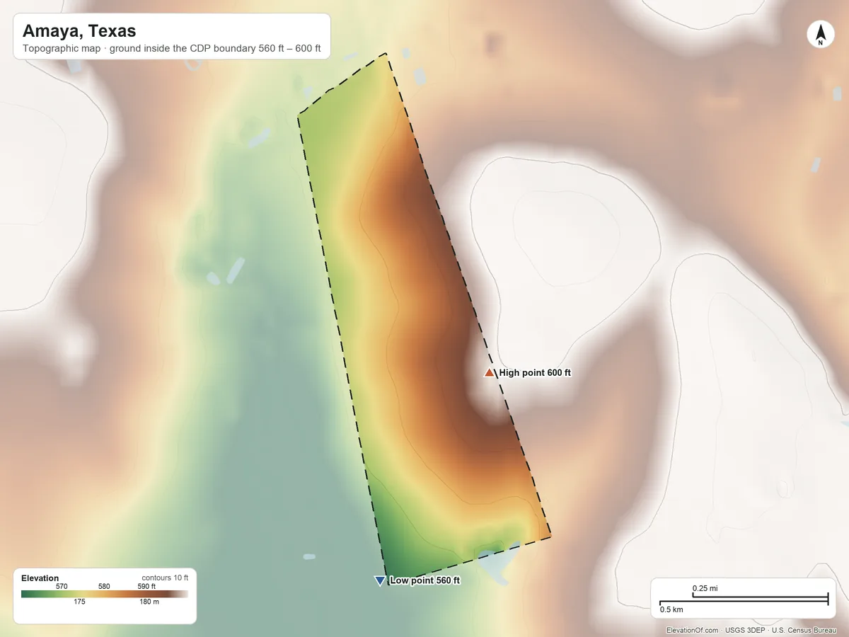 Topographic elevation map of Amaya, Texas, shaded from 560 ft on the south side to 600 ft on the southeast side