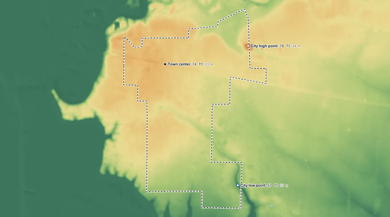 Topographic elevation map of Ames, Texas, shaded from 57 ft on the southeast side to 78 ft on the east side