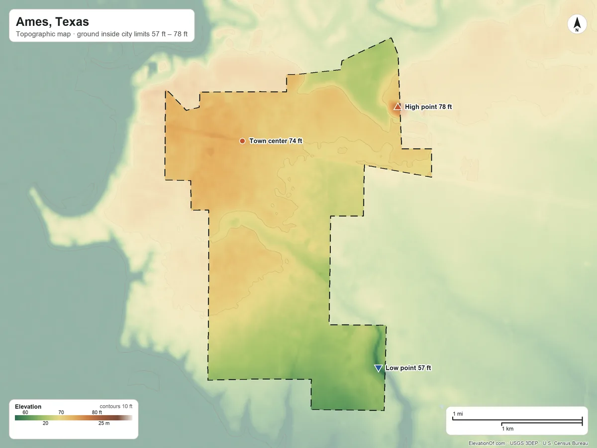 Topographic elevation map of Ames, Texas, shaded from 57 ft on the southeast side to 78 ft on the east side