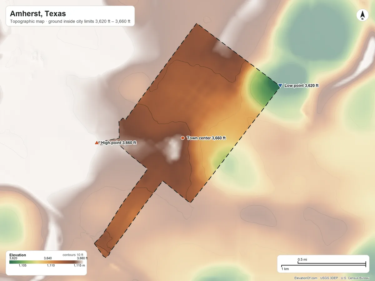 Topographic elevation map of Amherst, Texas, shaded from 3,620 ft on the northeast side to 3,660 ft on the west side