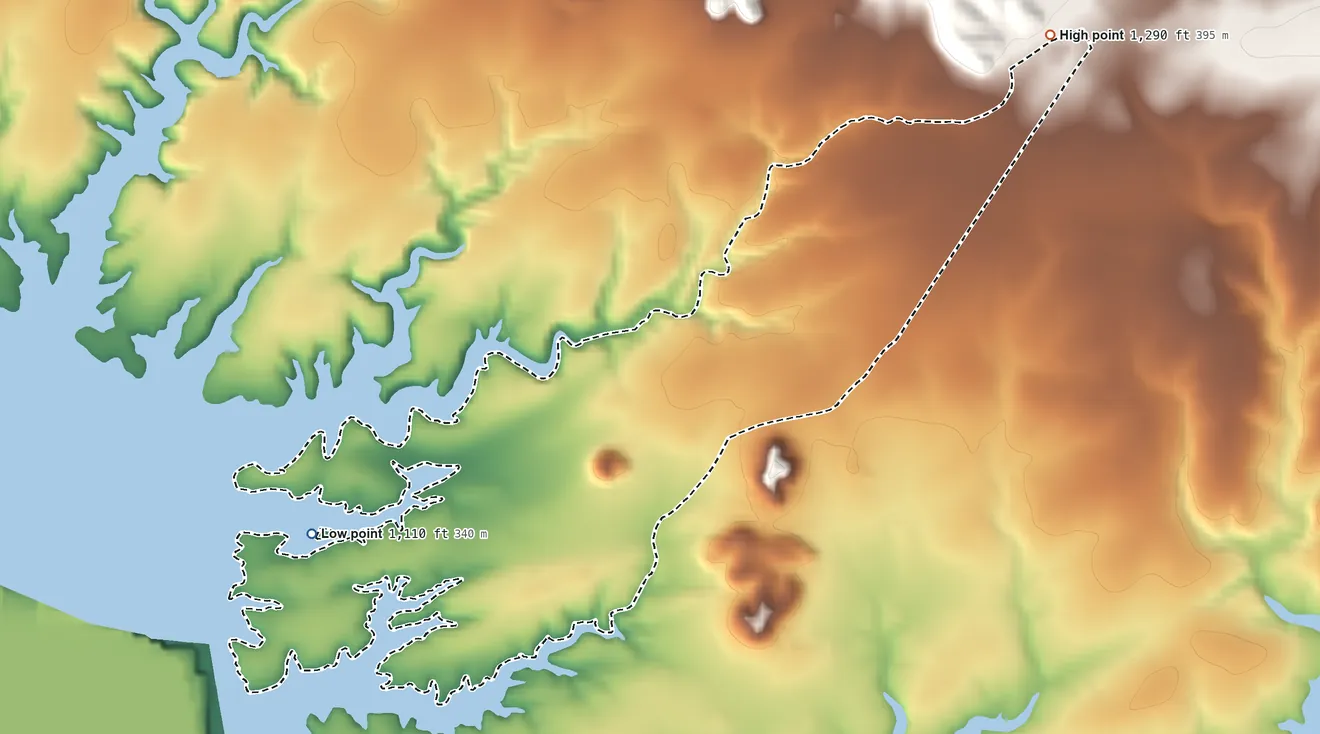 Topographic elevation map of Amistad, Texas, shaded from 1,110 ft near the middle to 1,290 ft on the northeast side