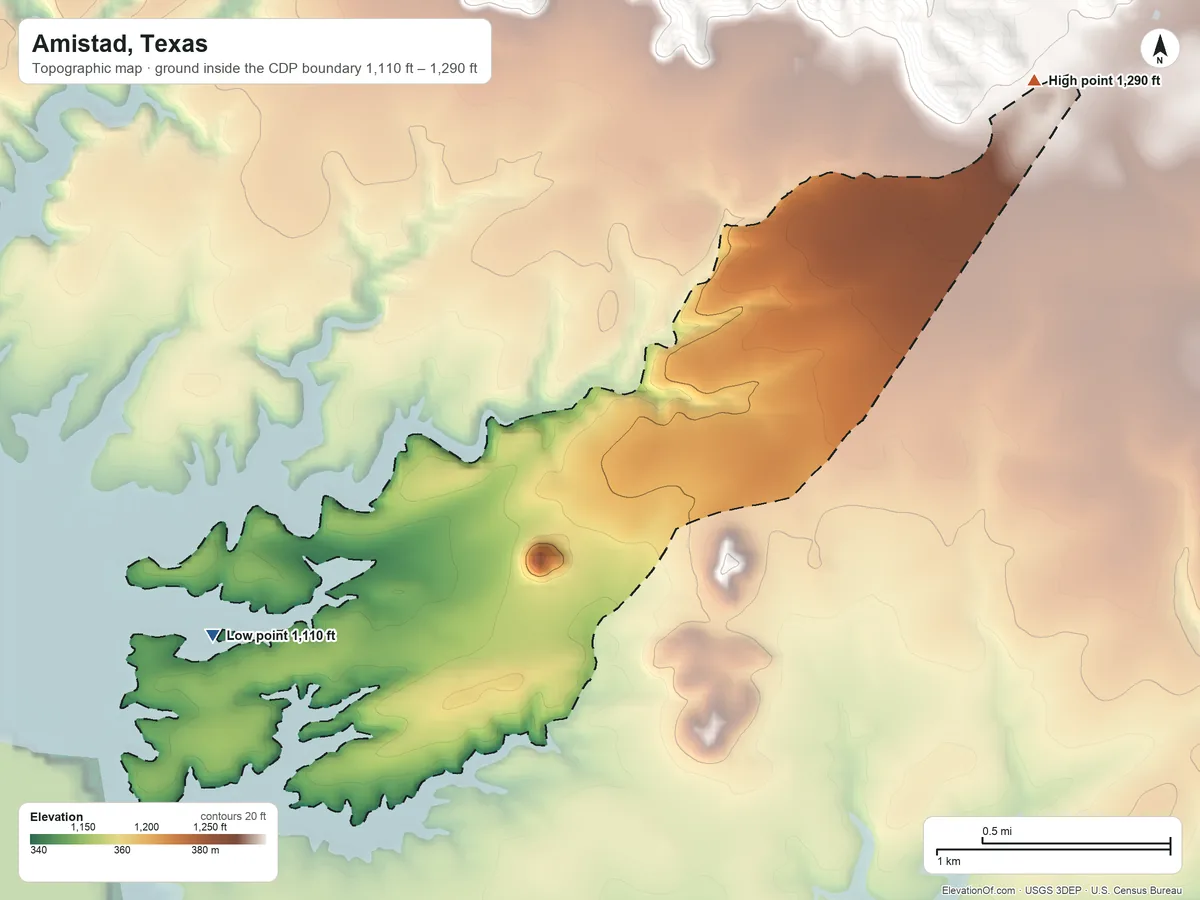 Topographic elevation map of Amistad, Texas, shaded from 1,110 ft near the middle to 1,290 ft on the northeast side