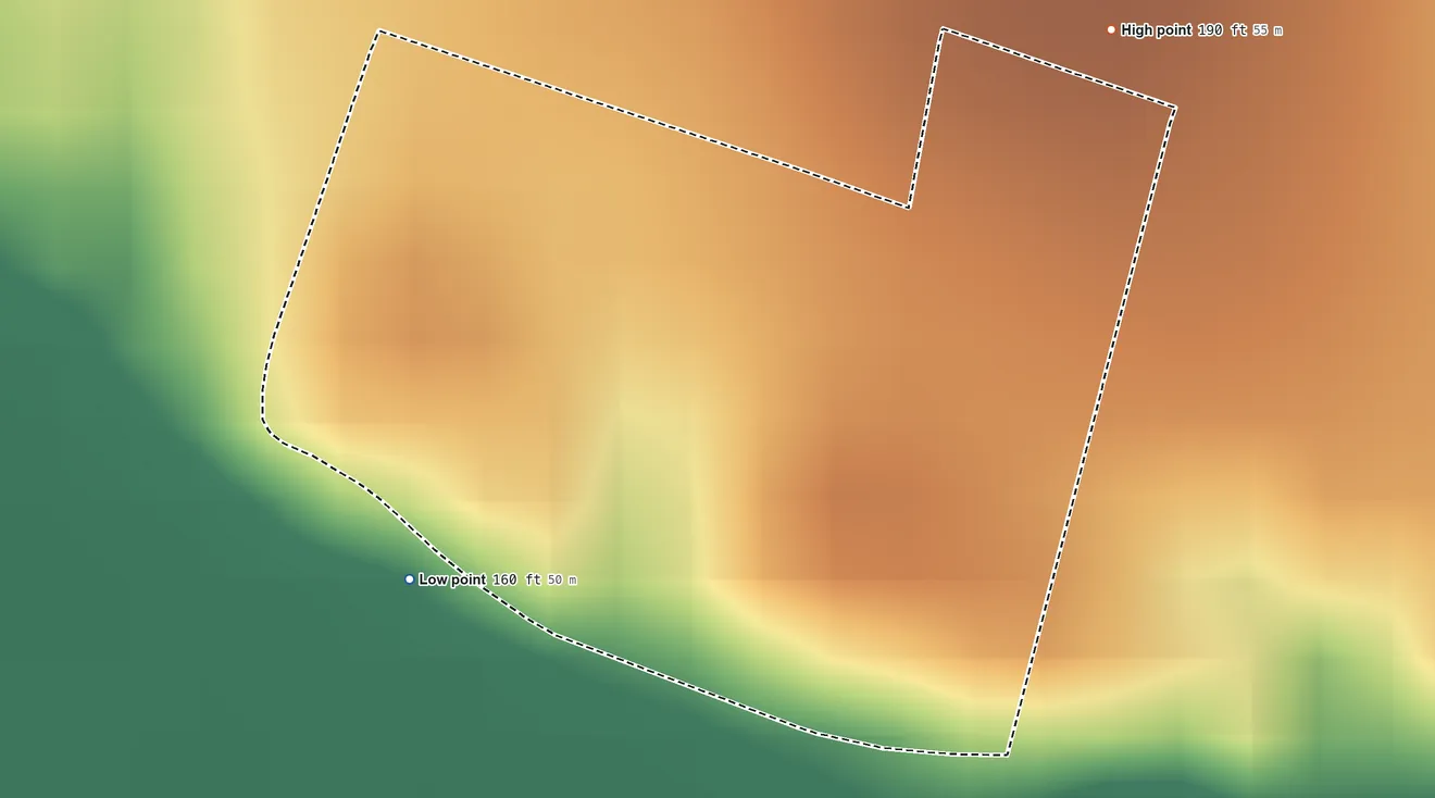 Topographic elevation map of Anacua, Texas, shaded from 160 ft on the southwest side to 190 ft on the northeast side