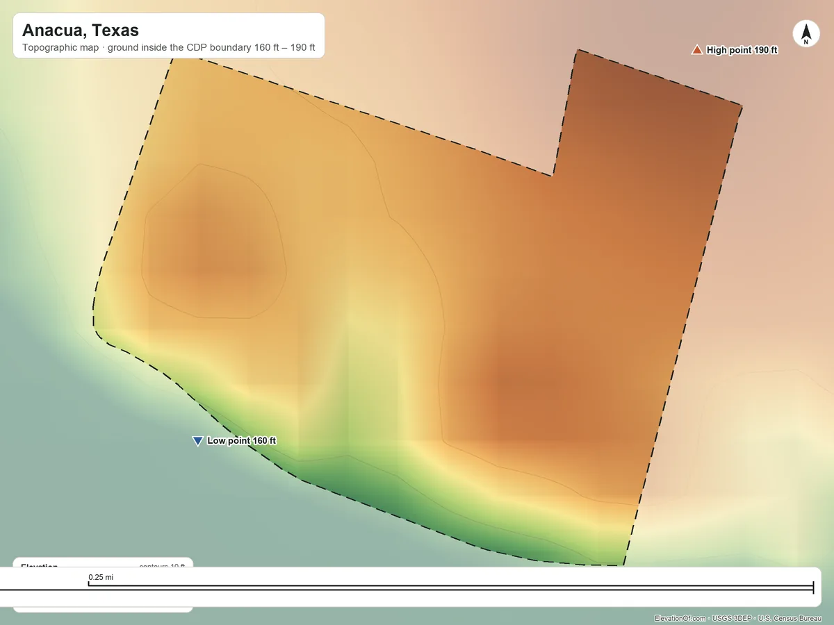 Topographic elevation map of Anacua, Texas, shaded from 160 ft on the southwest side to 190 ft on the northeast side