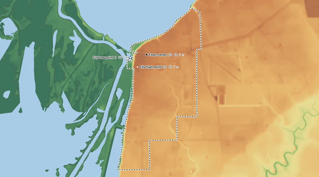 Topographic elevation map of Anahuac, Texas, shaded from sea level level on Trinity Bay to 24 ft near the middle