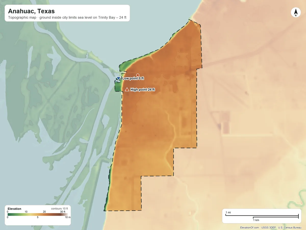 Topographic elevation map of Anahuac, Texas, shaded from sea level level on Trinity Bay to 24 ft near the middle