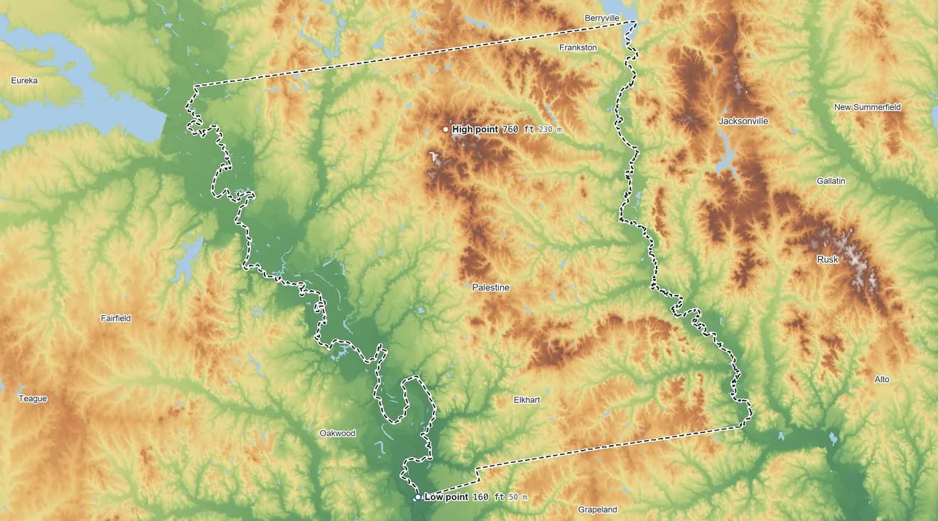 Topographic elevation map of Anderson County, Texas, shaded from 160 ft on the south side to 760 ft on Pine Mountain