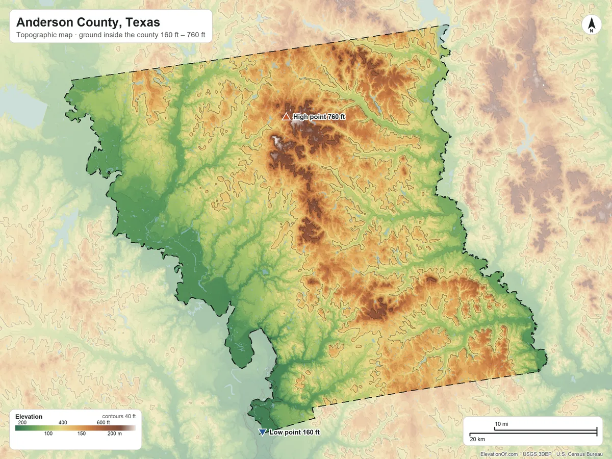 Topographic elevation map of Anderson County, Texas, shaded from 160 ft on the south side to 760 ft on Pine Mountain