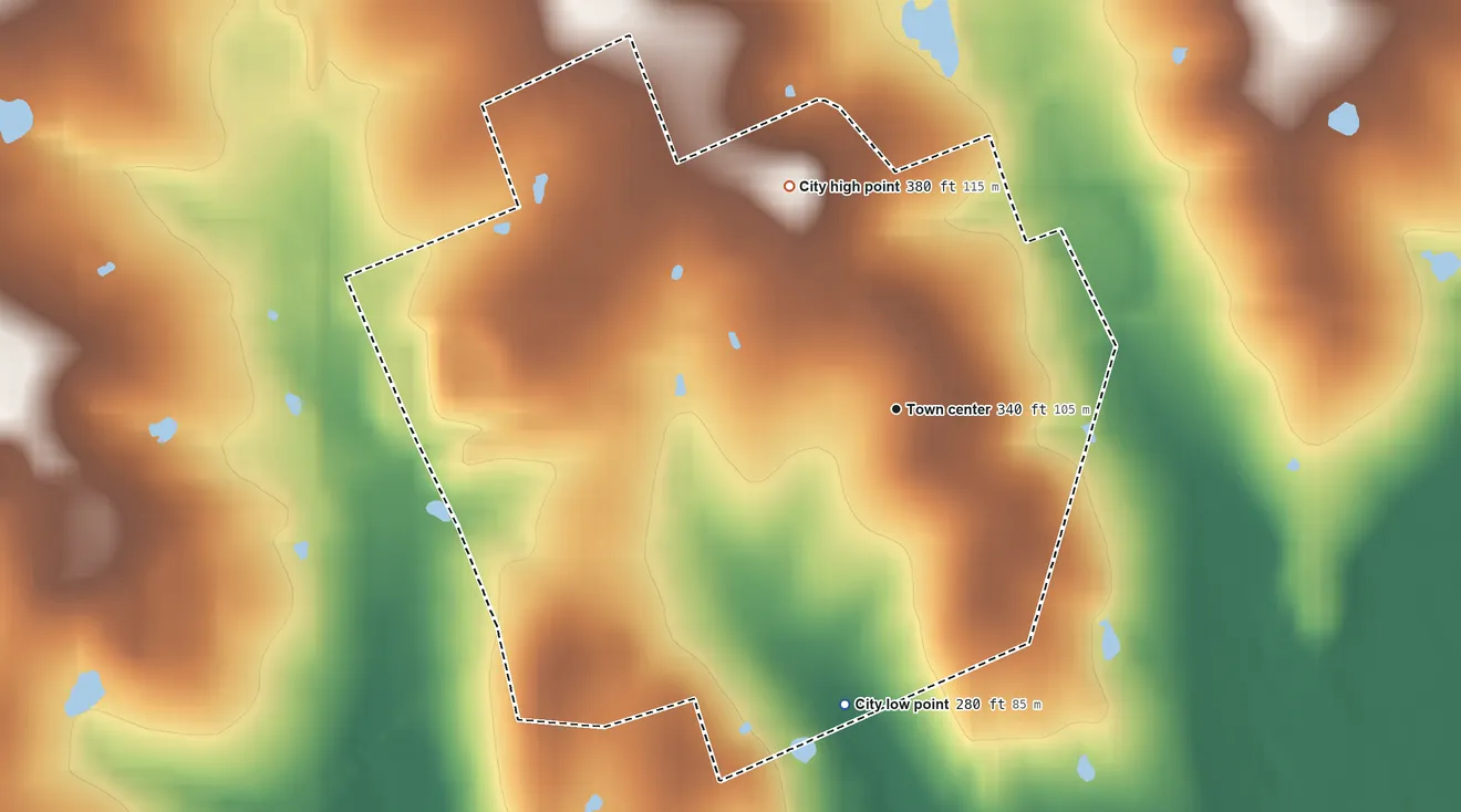 Topographic elevation map of Anderson, Texas, shaded from 280 ft on the south side to 380 ft on the northwest side