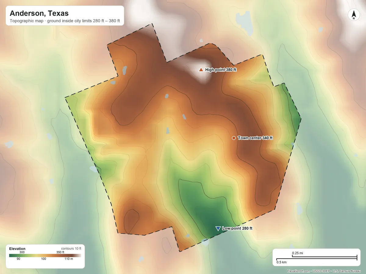 Topographic elevation map of Anderson, Texas, shaded from 280 ft on the south side to 380 ft on the northwest side