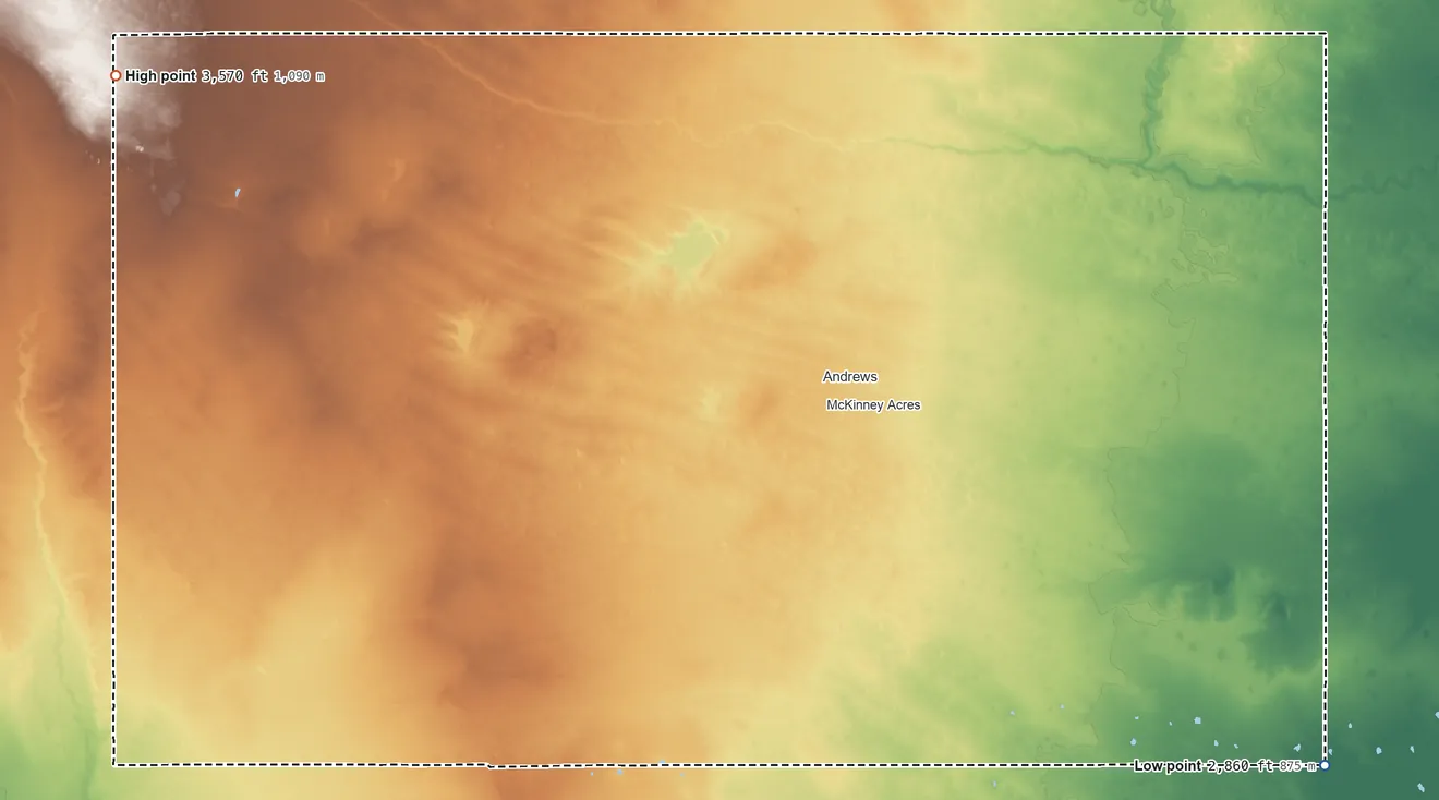 Topographic elevation map of Andrews County, Texas, shaded from 2,860 ft on the southeast side to 3,570 ft on the northwest side