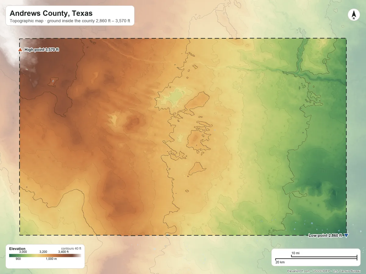 Topographic elevation map of Andrews County, Texas, shaded from 2,860 ft on the southeast side to 3,570 ft on the northwest side