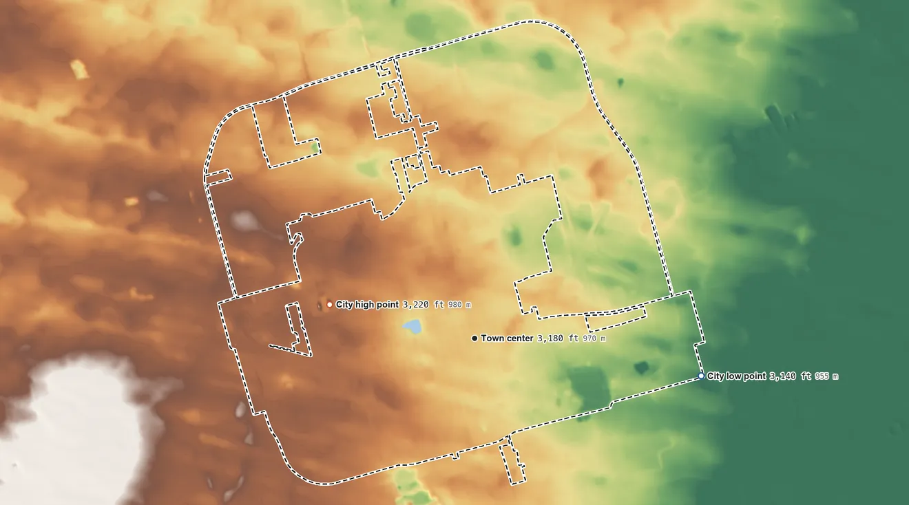 Topographic elevation map of Andrews, Texas, shaded from 3,140 ft on the east side to 3,220 ft on the west side