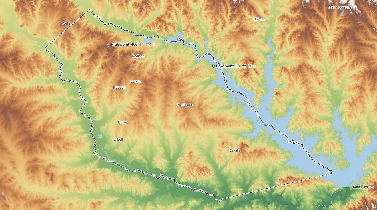 Topographic elevation map of Angelina County, Texas, shaded from 80 ft on the northeast side to 460 ft on the northwest side