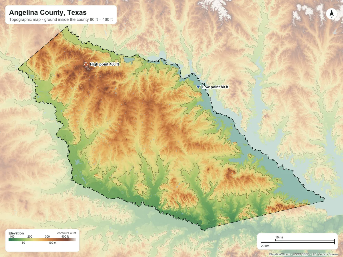 Topographic elevation map of Angelina County, Texas, shaded from 80 ft on the northeast side to 460 ft on the northwest side