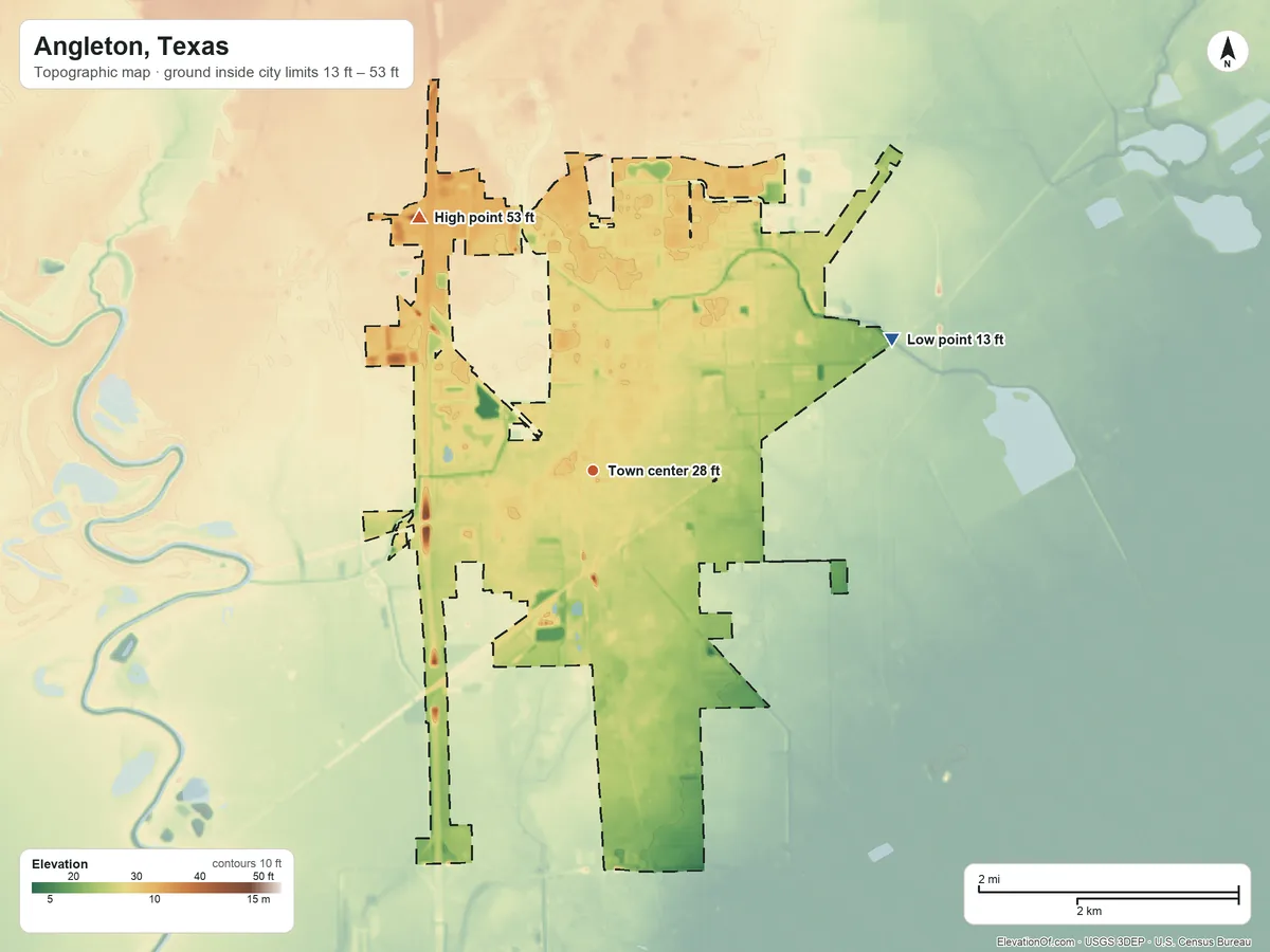 Topographic elevation map of Angleton, Texas, shaded from 13 ft on the northeast side to 53 ft on the northwest side
