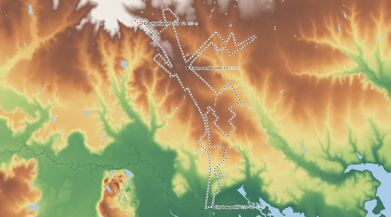 Topographic elevation map of Angus, Texas, shaded from 310 ft on the south side to 460 ft on the northwest side