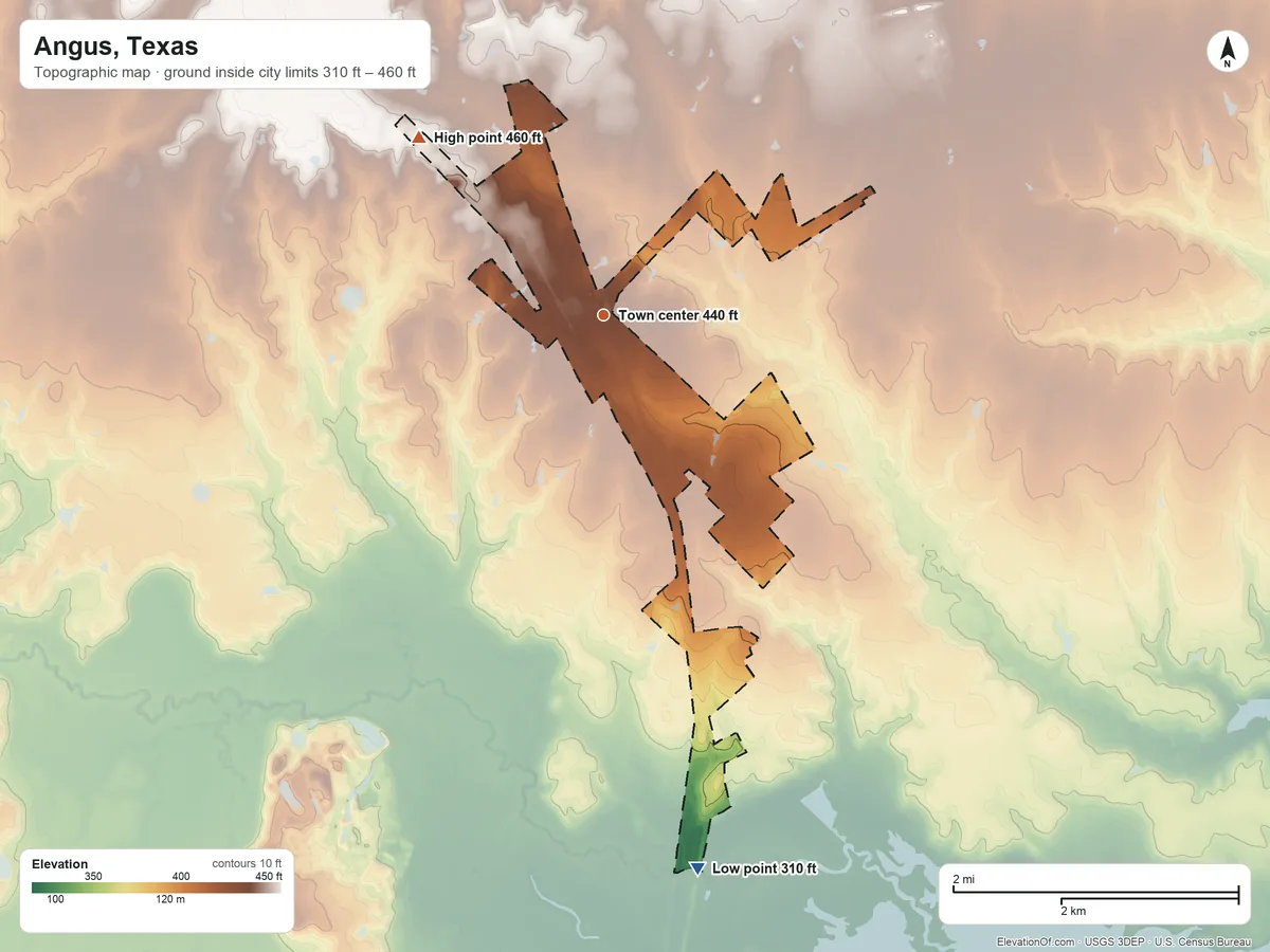 Topographic elevation map of Angus, Texas, shaded from 310 ft on the south side to 460 ft on the northwest side