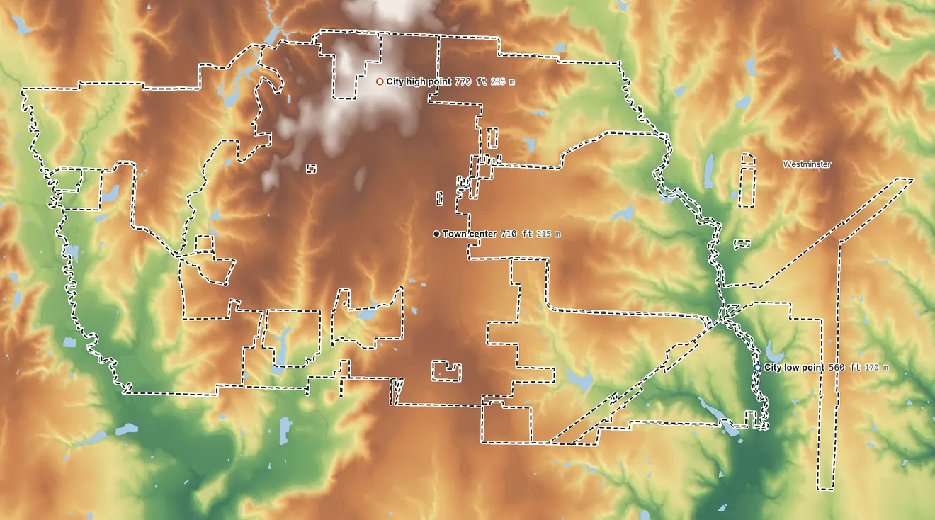 Topographic elevation map of Anna, Texas, shaded from 560 ft on the southeast side to 770 ft on the north side