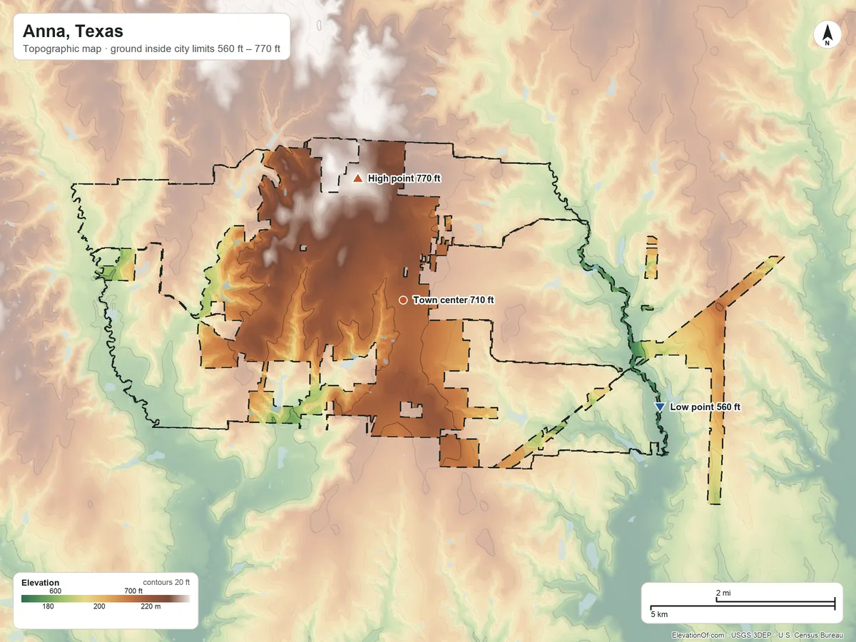Topographic elevation map of Anna, Texas, shaded from 560 ft on the southeast side to 770 ft on the north side
