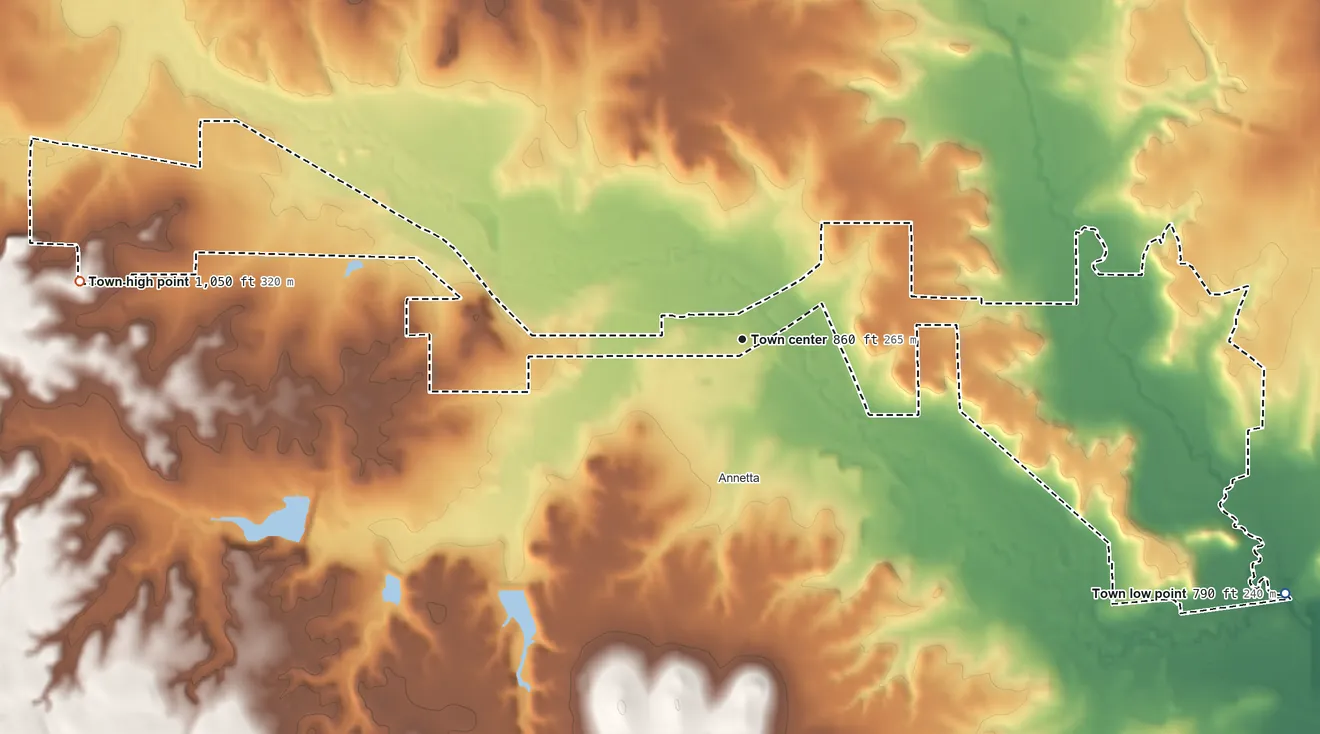 Topographic elevation map of Annetta North, Texas, shaded from 790 ft on the southeast side to 1,050 ft on the west side