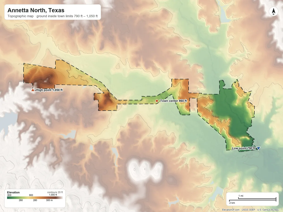 Topographic elevation map of Annetta North, Texas, shaded from 790 ft on the southeast side to 1,050 ft on the west side