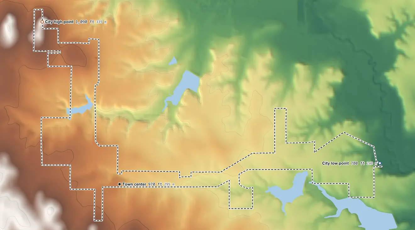 Topographic elevation map of Annetta South, Texas, shaded from 780 ft on the east side to 1,090 ft on Chattanooga Hill