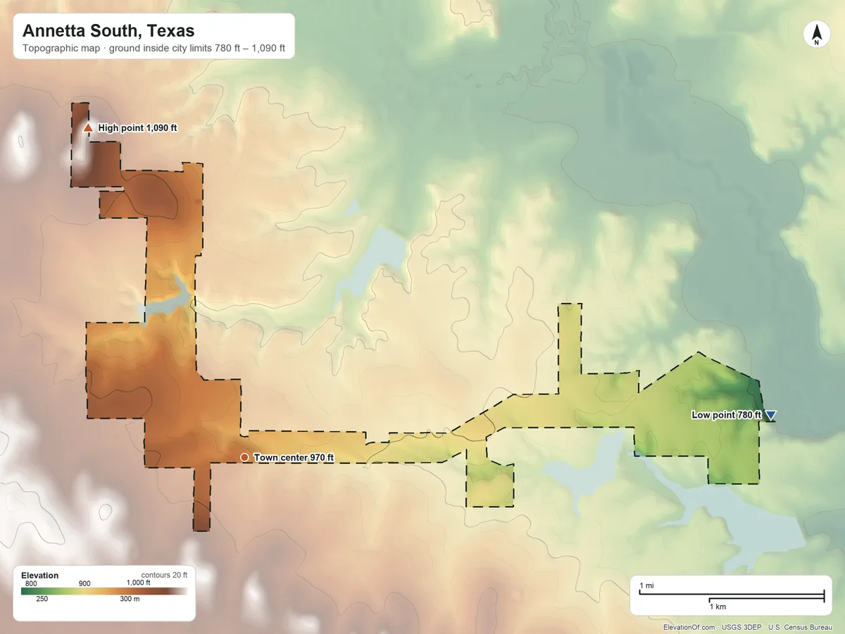 Topographic elevation map of Annetta South, Texas, shaded from 780 ft on the east side to 1,090 ft on Chattanooga Hill