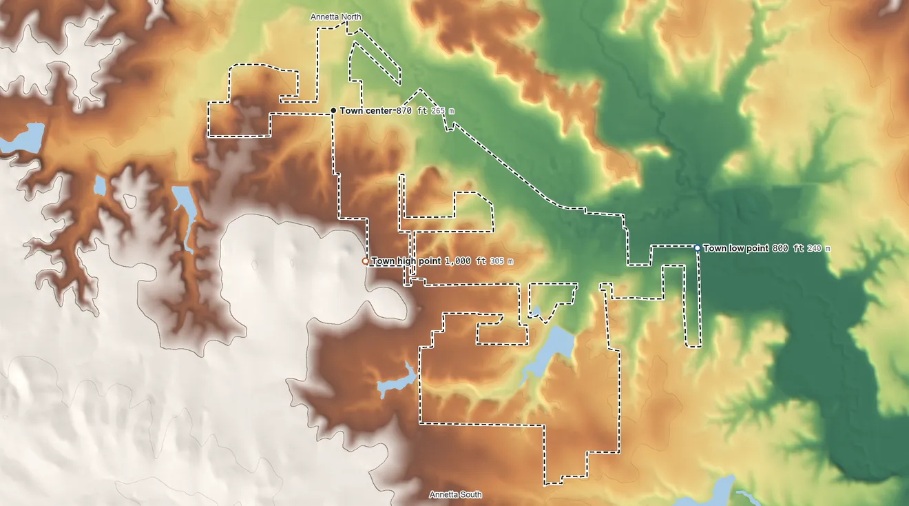 Topographic elevation map of Annetta, Texas, shaded from 800 ft on the east side to 1,000 ft on the south edge, below higher ground just outside