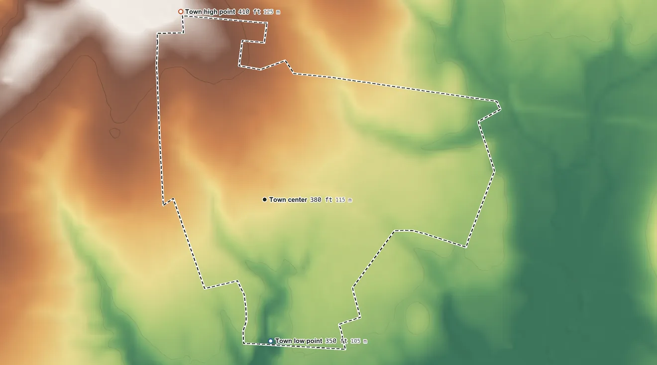 Topographic elevation map of Annona, Texas, shaded from 350 ft on the south side to 410 ft on the northwest side