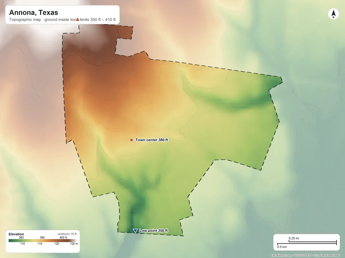 Topographic elevation map of Annona, Texas, shaded from 350 ft on the south side to 410 ft on the northwest side