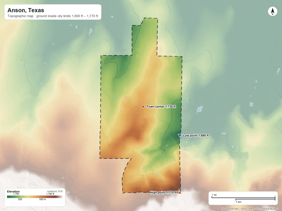 Topographic elevation map of Anson, Texas, shaded from 1,690 ft on the southeast side to 1,770 ft on the southeast side